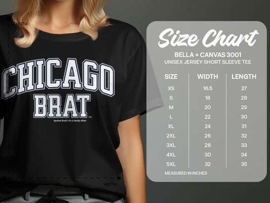 Black t-shirt with "Chicago Brat" text, next to a size chart.