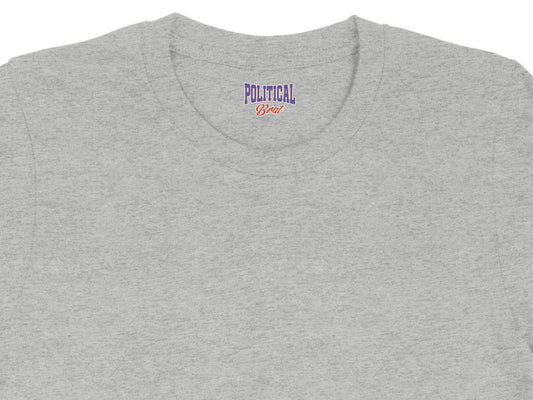 Grey t-shirt with "POLITICAL Brat" embroidered on the inside neck label.