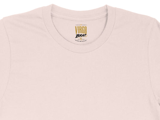 Light pink t-shirt tag with "VIRGO BRAT" and zodiac symbol.