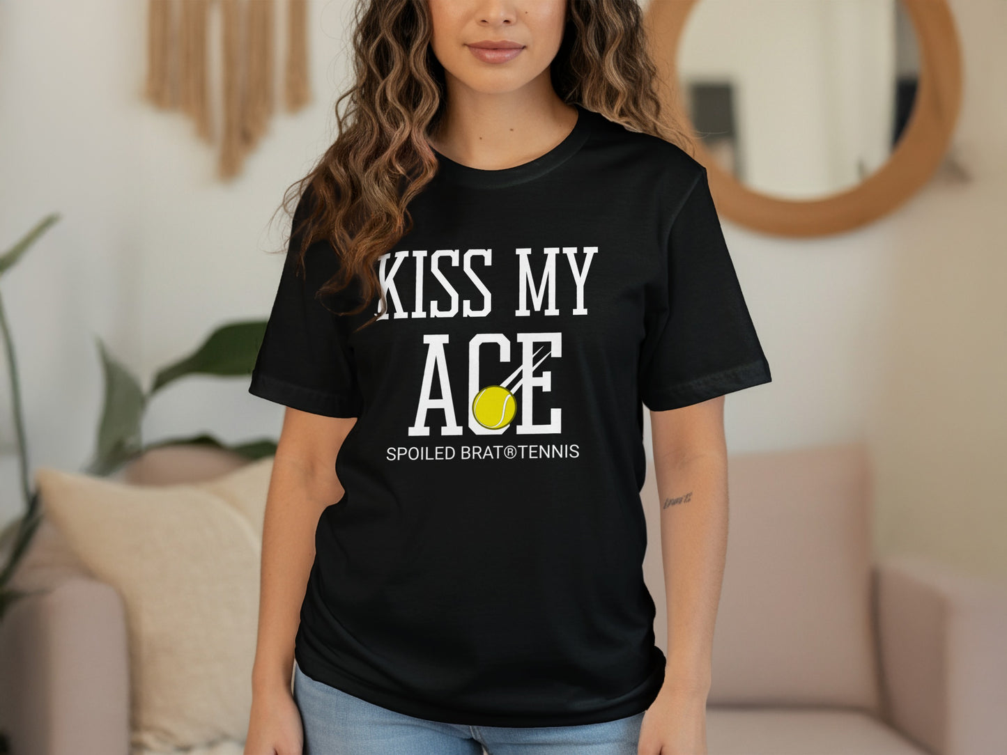 Black t-shirt with "KISS MY ACE" and tennis ball logo.