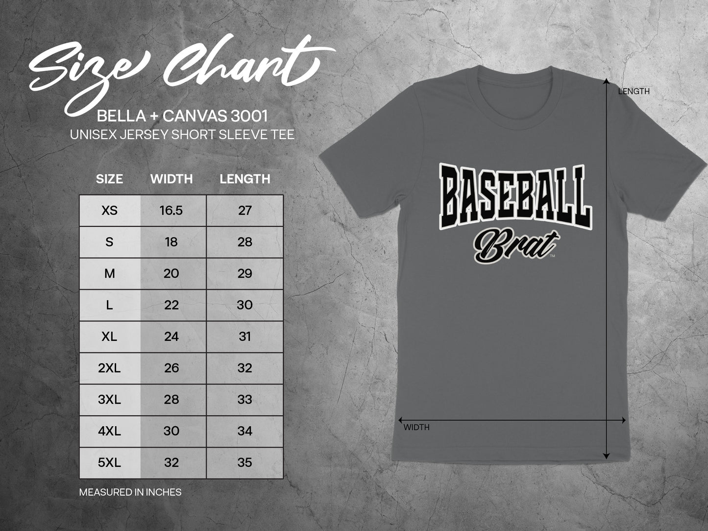 BELLA + CANVAS 3001 unisex t-shirt size chart with width and length in inches.