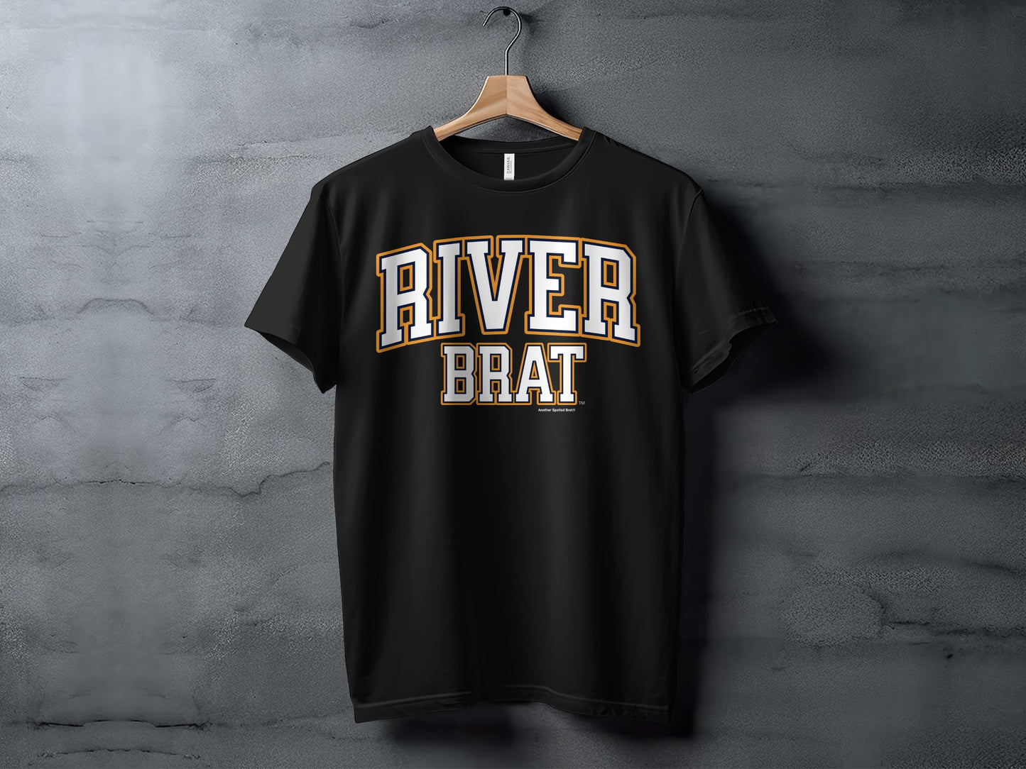 Black t-shirt with arched white and orange text that reads "RIVER BRAT"