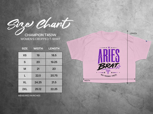Champion T453W women's cropped t-shirt size chart with width and length measurements.