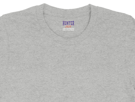 Gray t-shirt with "HUNTER 2028 THE ULTIMATE POLITICAL BRAT" printed on the neck label.