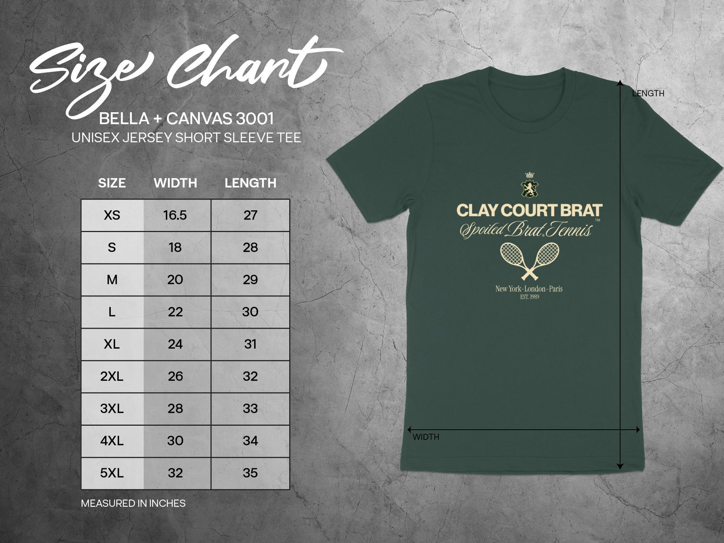 Bella + Canvas 3001 size chart for unisex jersey short sleeve tee with measurements.