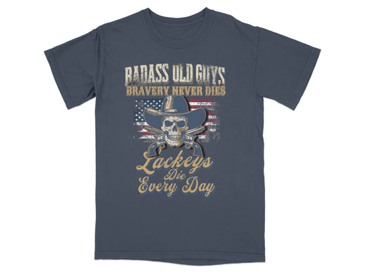Dark blue t-shirt with "Badass Old Guys Bravery Never Dies" and skull graphic.
