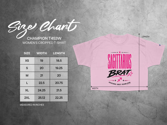 Champion T453W women's cropped t-shirt size chart with width and length measurements.