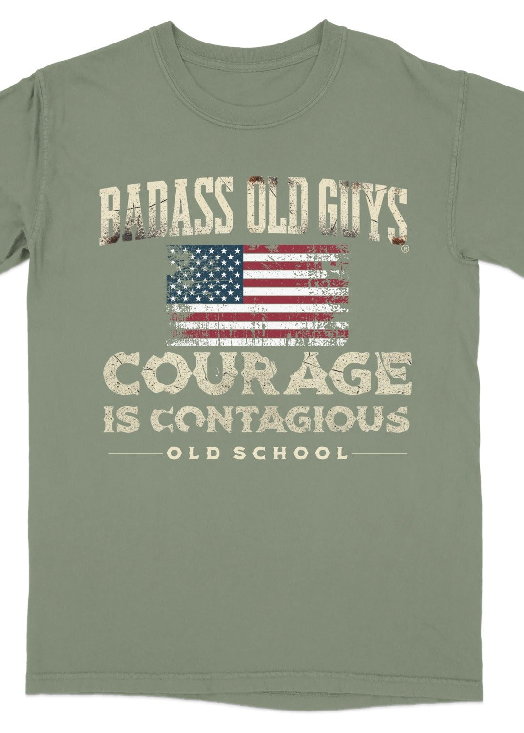 T-shirt with "Badass Old Guys Courage Is Contagious Old School" text and distressed US flag.