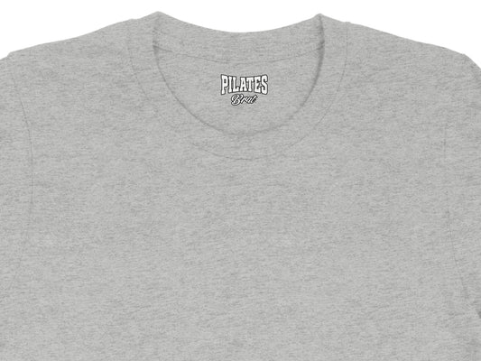 Light grey t-shirt with "PILATES Brat" text detail on the collar.