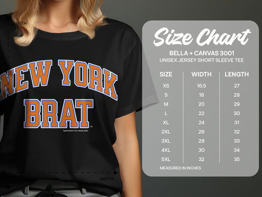 Black t-shirt with "New York Brat" text and a size chart.