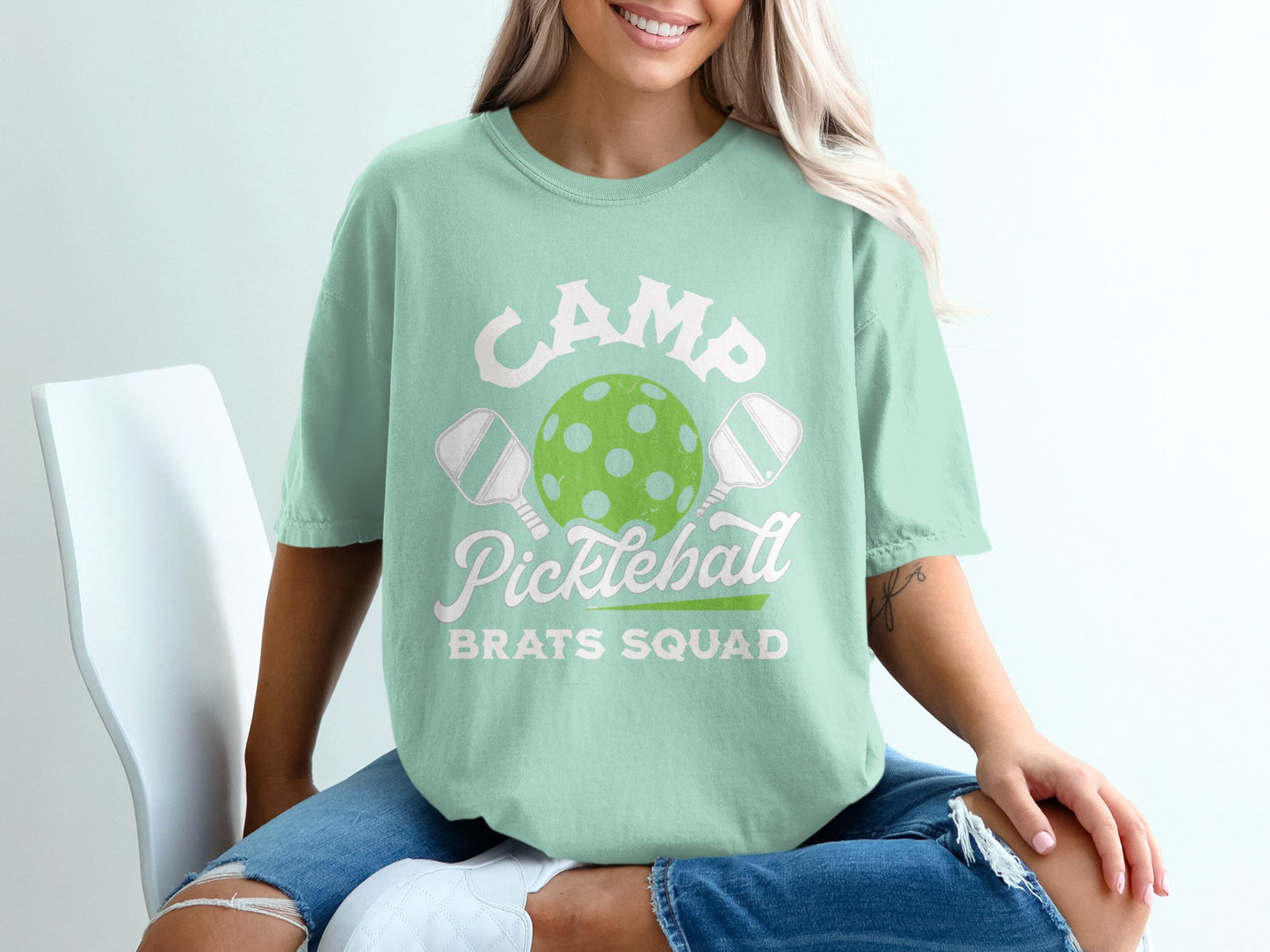Mint green t-shirt with "Camp Pickleball Brats Squad" and pickleball graphic.