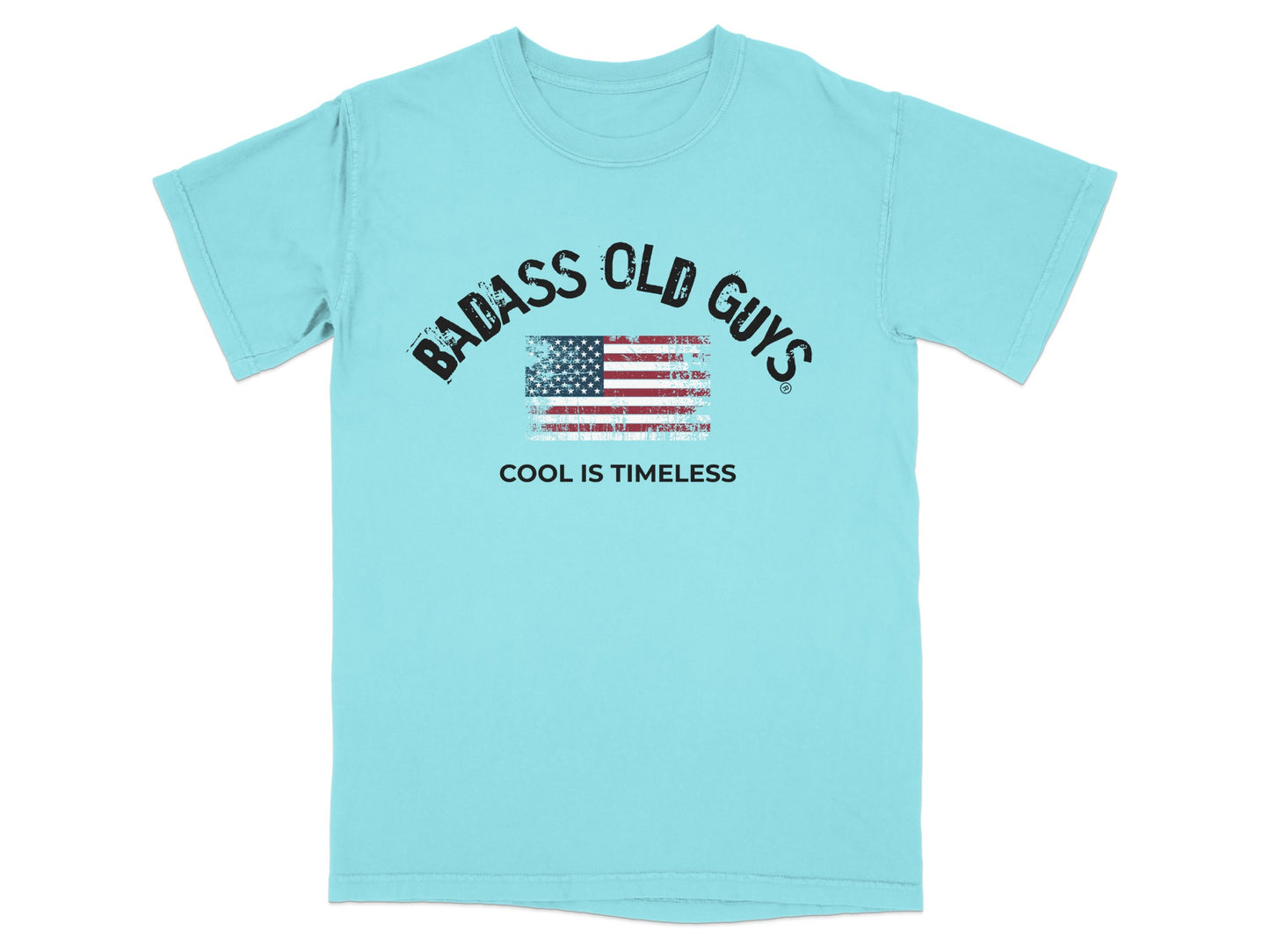 Aqua t-shirt with "Badass Old Guys" and American flag graphic.