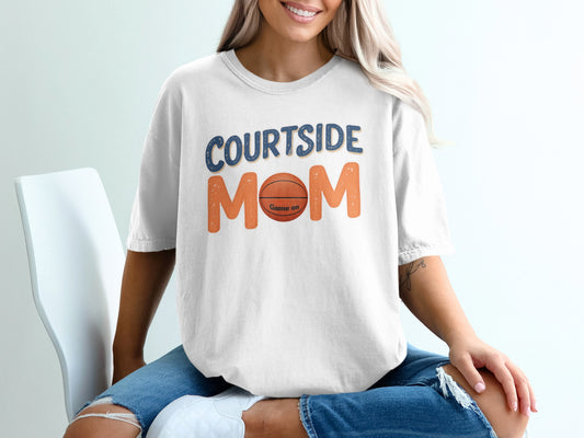 White t-shirt with "Courtside Mom" and basketball graphic.