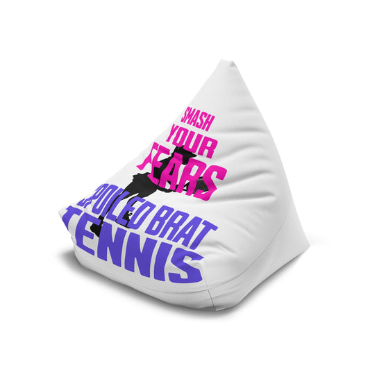 White beanbag with "Smash Your Fars Spoiled Brat Tennis" text and silhouette.