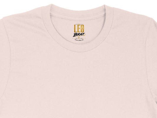 Pink t-shirt with "Leo Brat" and zodiac symbol on the neck tag.