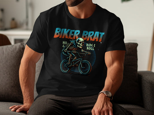 Skeleton riding a BMX bike with "BIKER BRAT" text.