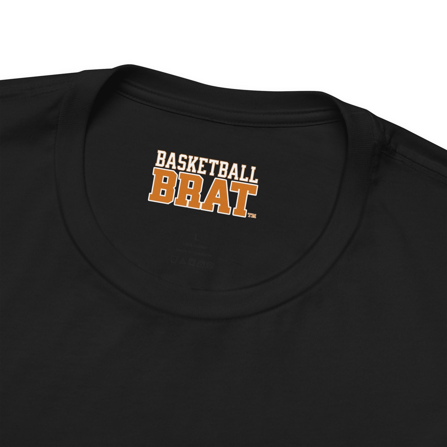 Black t-shirt with orange "BASKETBALL BRAT" logo on the collar.