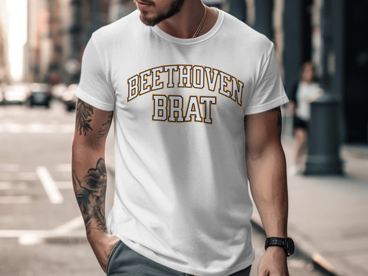 White t-shirt with "BEETHOVEN BRAT" text in arched varsity font.