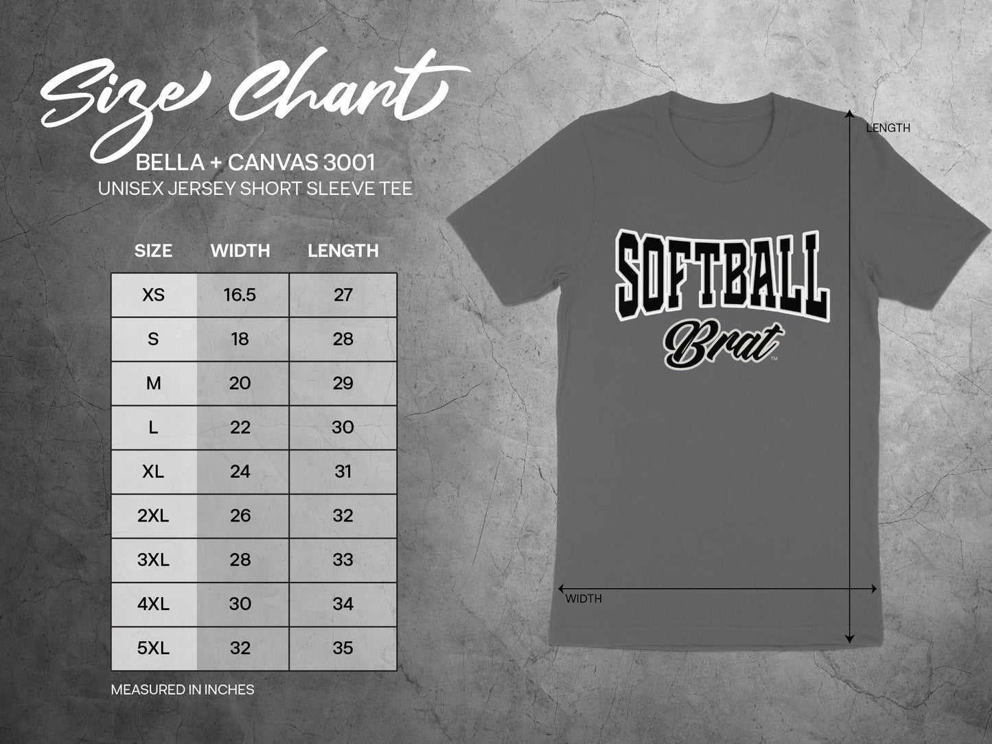 BELLA + CANVAS 3001 unisex t-shirt size chart with width and length measurements.