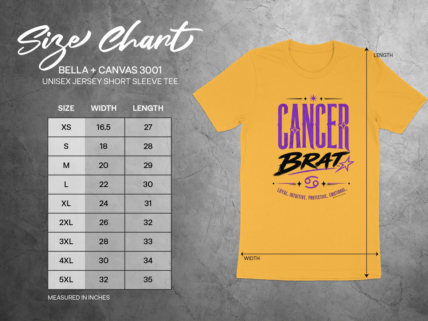 Bella + Canvas 3001 size chart for Cancer Brat unisex short sleeve tee.