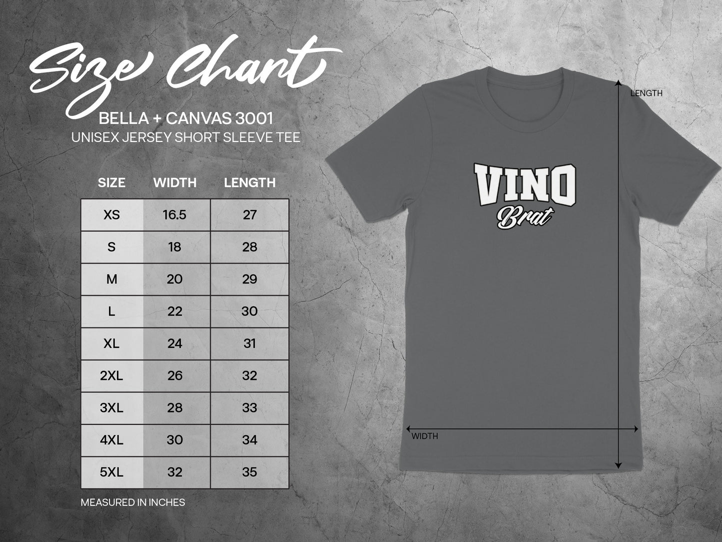 Size chart for Bella + Canvas 3001 unisex tees with measurements in inches.