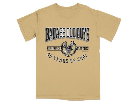 Tan t-shirt with "Badass Old Guys" and "Experience Matters" text.