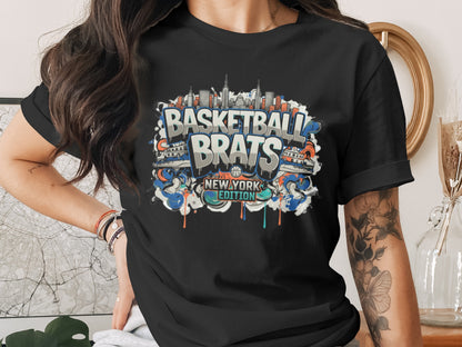 Black t-shirt with "BASKETBALL BRATS NEW YORK EDITION" graffiti design.