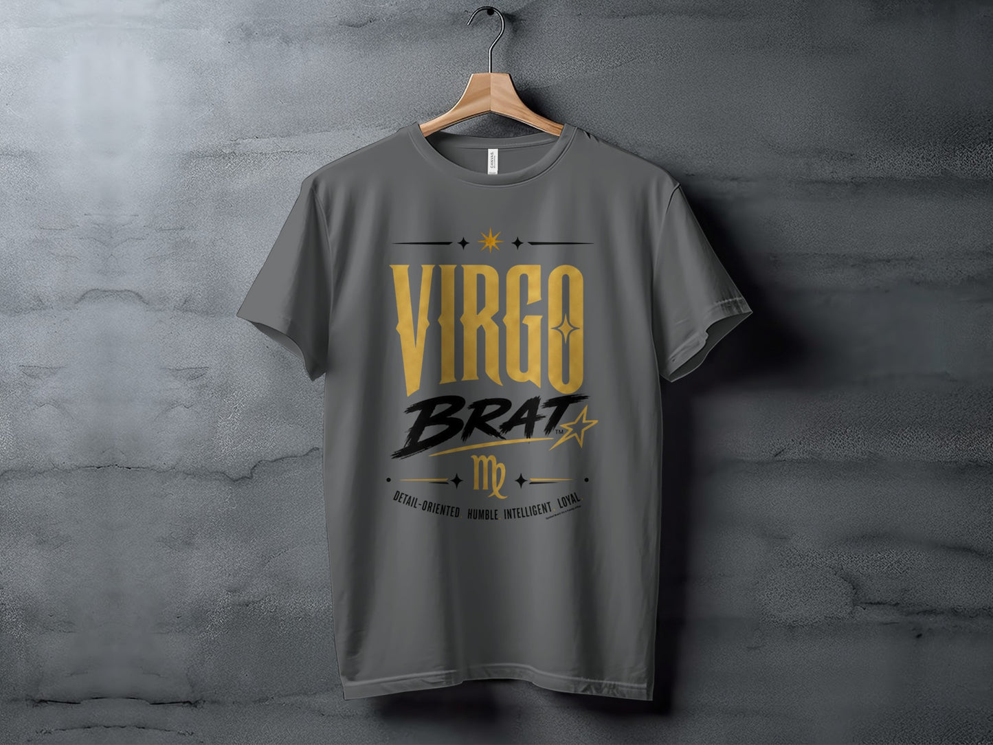 Grey t-shirt with yellow text reading "VIRGO BRAT" and zodiac symbol.