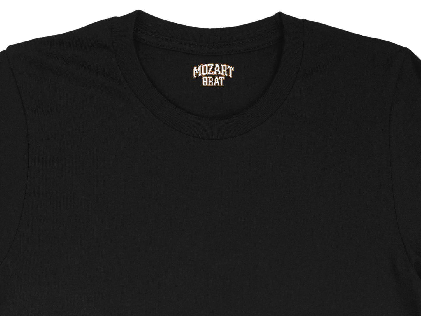 Black t-shirt with "MOZART BRAT" text on the neck tag.