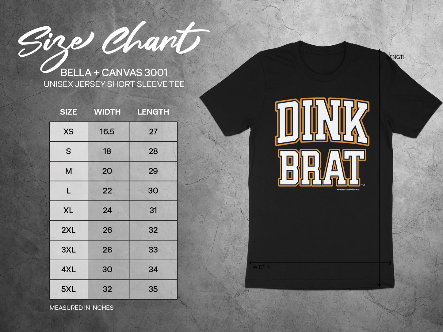 Size chart for Bella + Canvas 3001 unisex jersey t-shirt with "DINK BRAT" graphic.