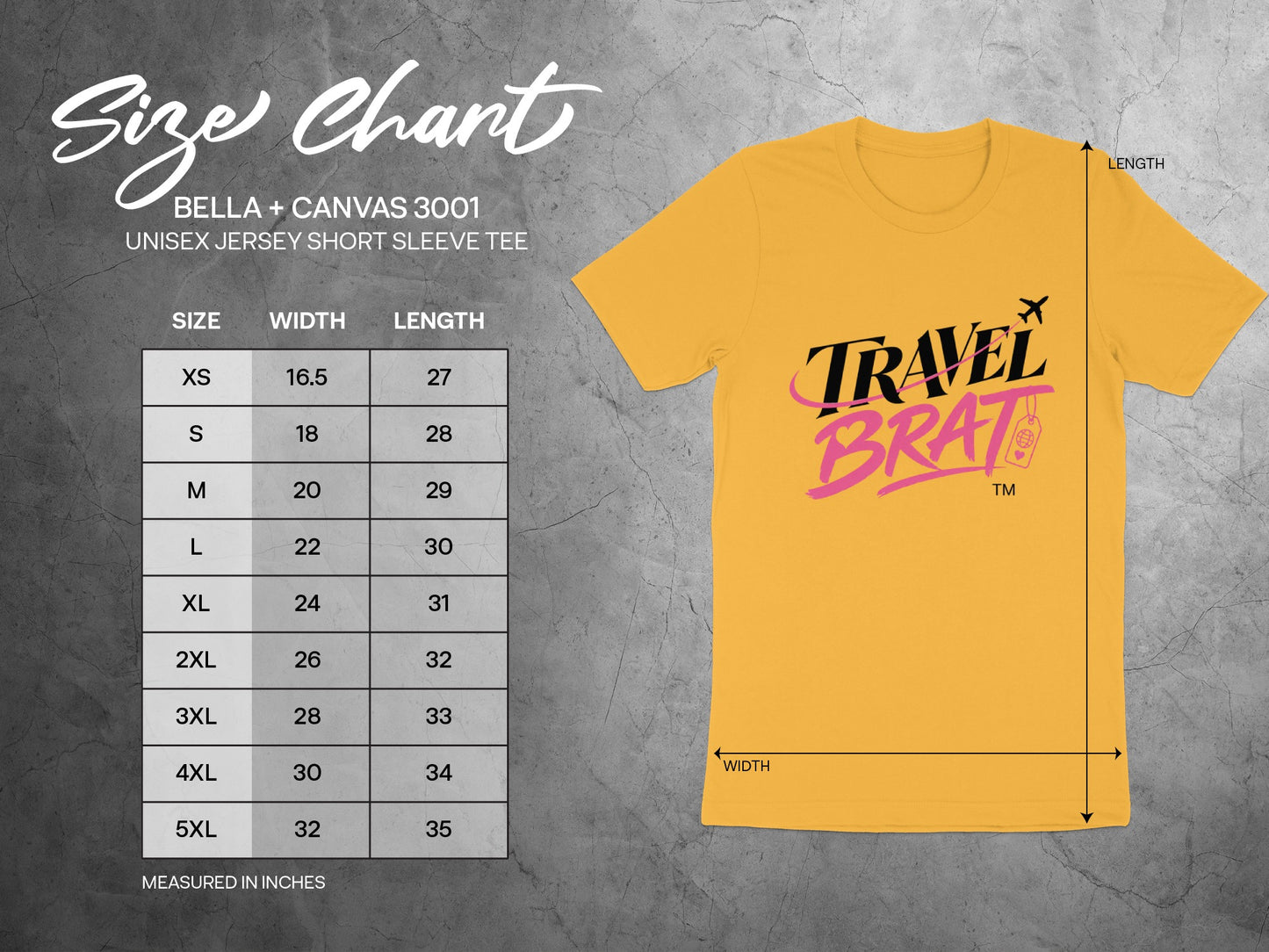 Size chart for BELLA + CANVAS 3001 Unisex Jersey Short Sleeve Tee.