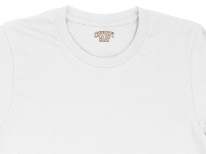 White t-shirt with "COWBOY BRAT" text in a collegiate font on the inside neck label.