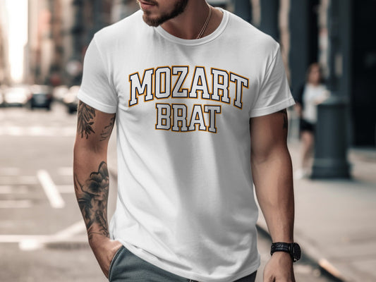 White t-shirt with "MOZART BRAT" text in collegiate style lettering.
