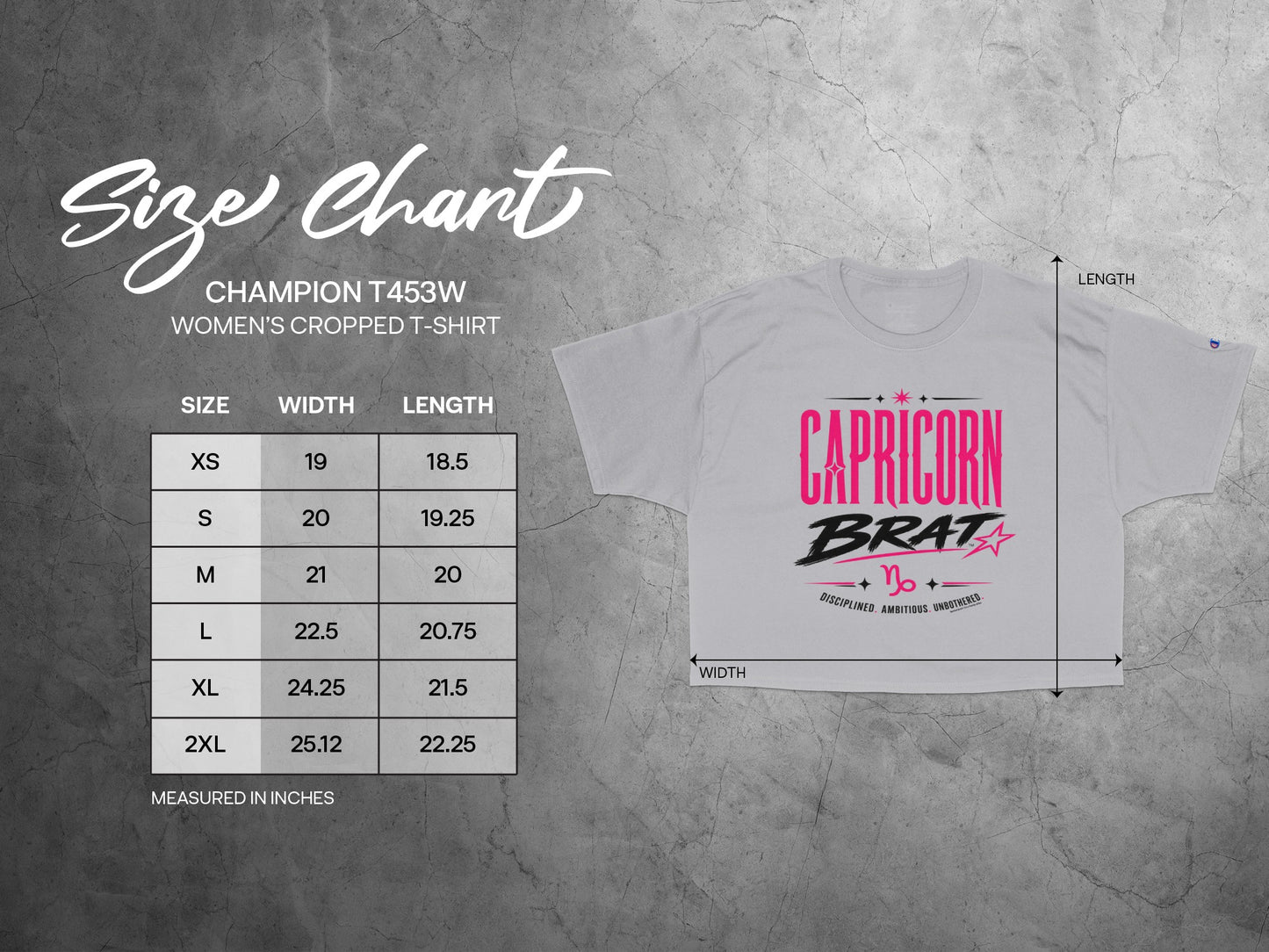 Champion T453W women's cropped t-shirt size chart with measurements in inches.
