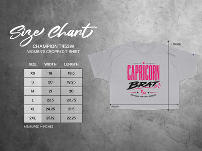 Champion T453W women's cropped t-shirt size chart with measurements in inches.
