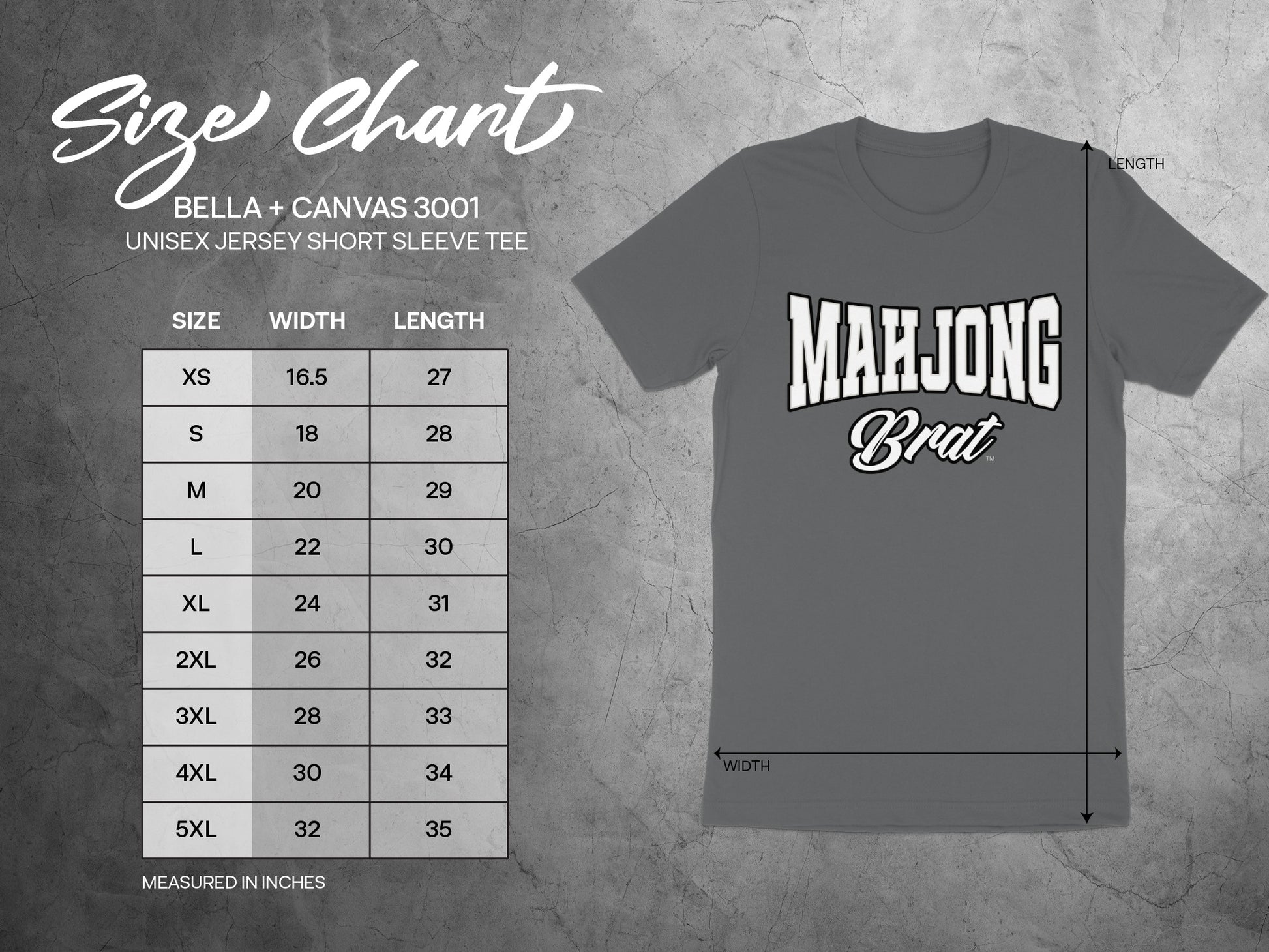 BELLA + CANVAS 3001 unisex jersey size chart with width and length measurements.