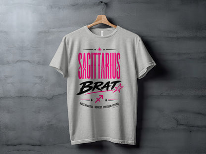 Light gray t-shirt with "SAGITTARIUS BRAT" and zodiac symbol.