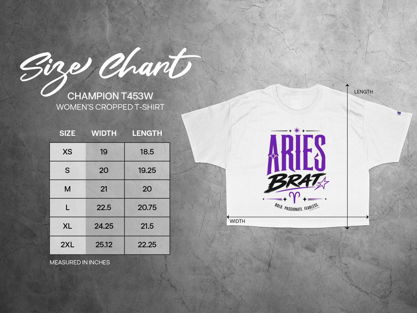 Champion T453W women's cropped t-shirt size chart with measurements.