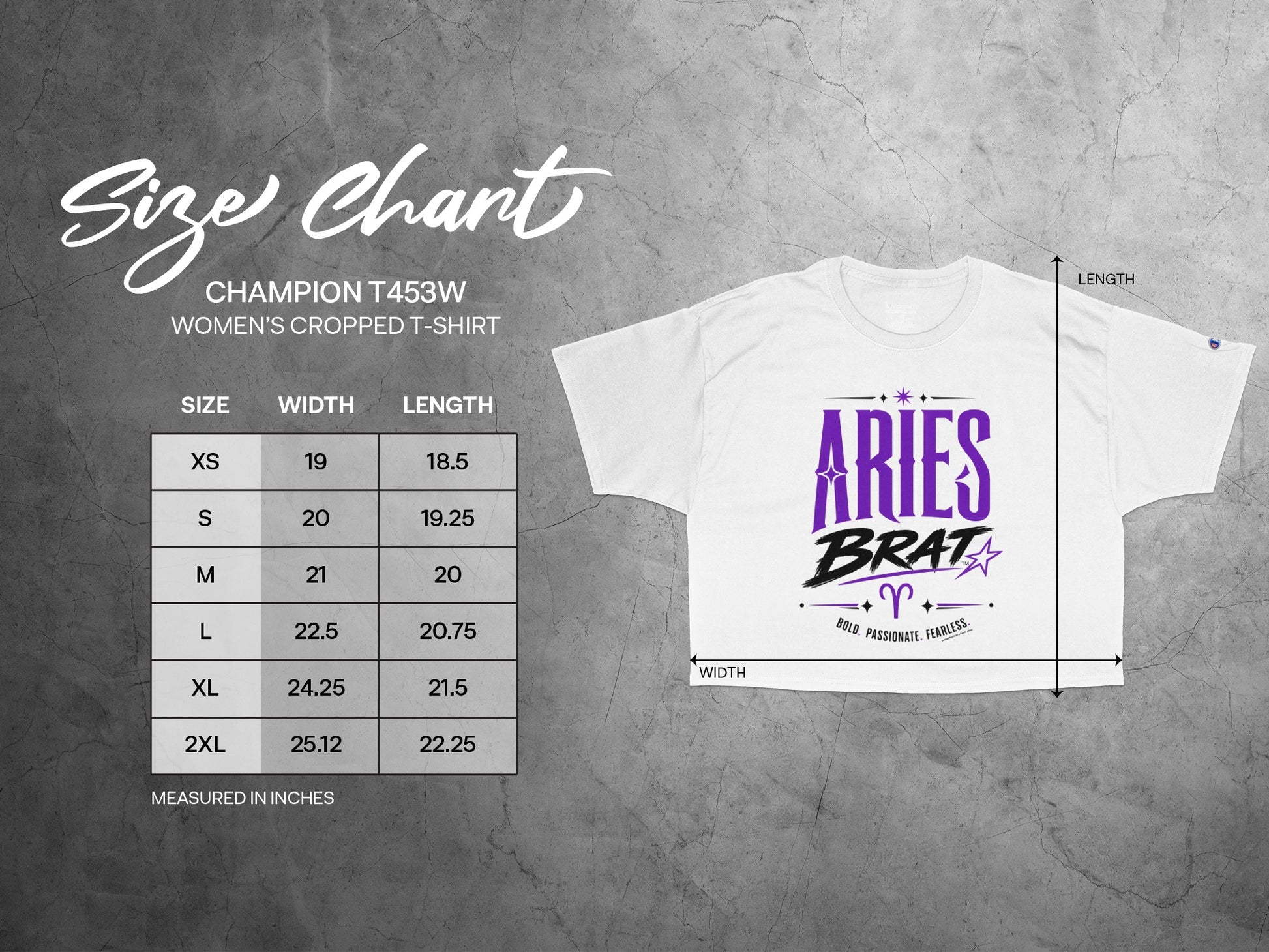 Champion T453W women's cropped t-shirt size chart with measurements.