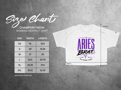 Champion T453W women's cropped t-shirt size chart with measurements.