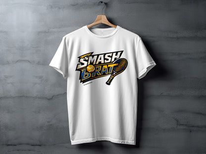 White t-shirt featuring "SMASH BRAT" with tennis racket and ball.