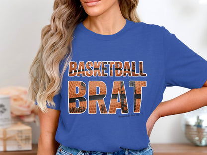 Blue t-shirt with "Basketball Brat" text in basketball print.