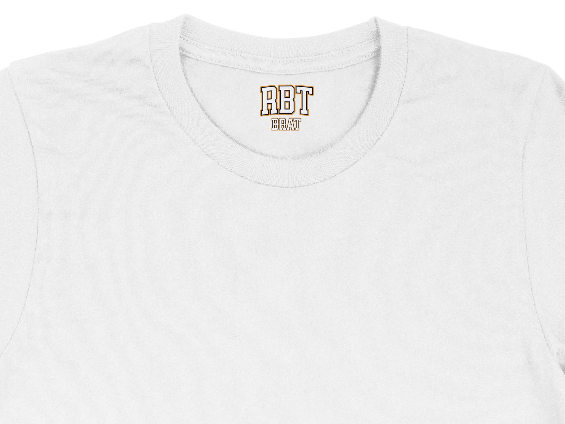 White t-shirt with black and yellow embroidered "RBT BRAT" logo on the neck label.