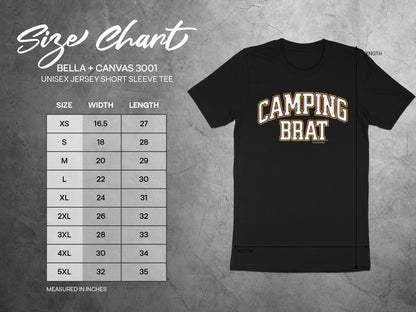 Bella + Canvas 3001 unisex tee size chart with width and length in inches.