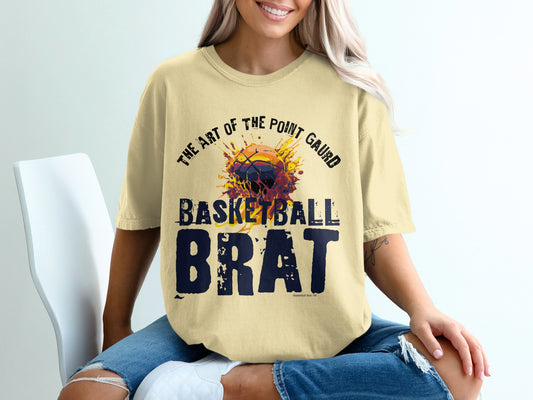 T-shirt with "The Art of the Point Guard Basketball Brat" text and basketball graphic.