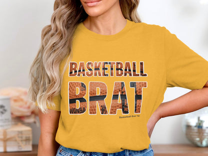 Yellow t-shirt with "BASKETBALL BRAT" text in basketball print.