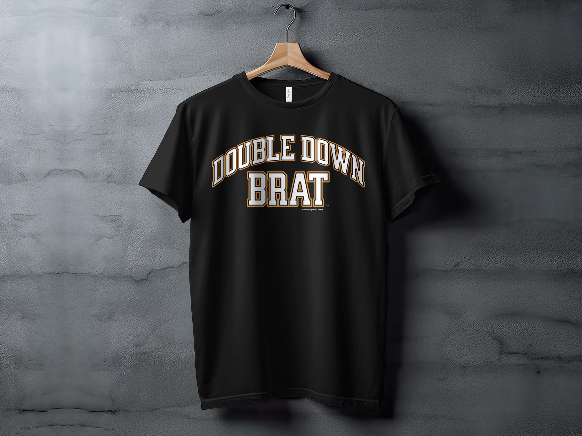 Black t-shirt with white and gold "DOUBLE DOWN BRAT" text.