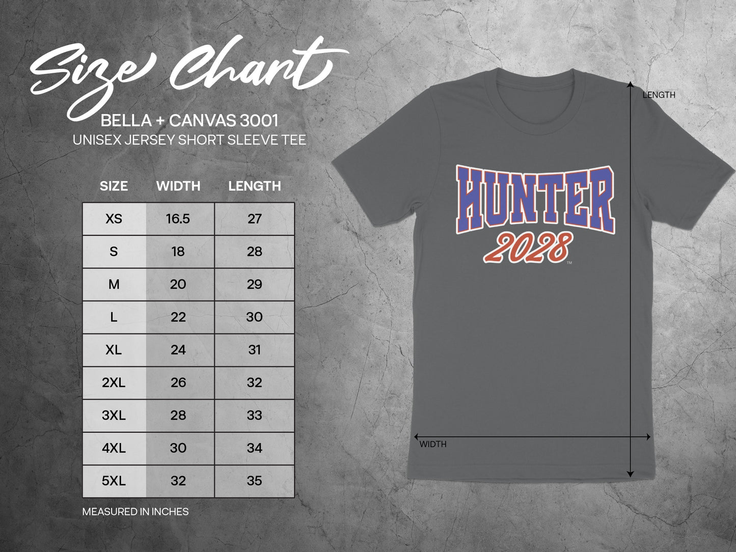 Size chart for Bella + Canvas 3001 unisex short sleeve tee, with measurements in inches.
