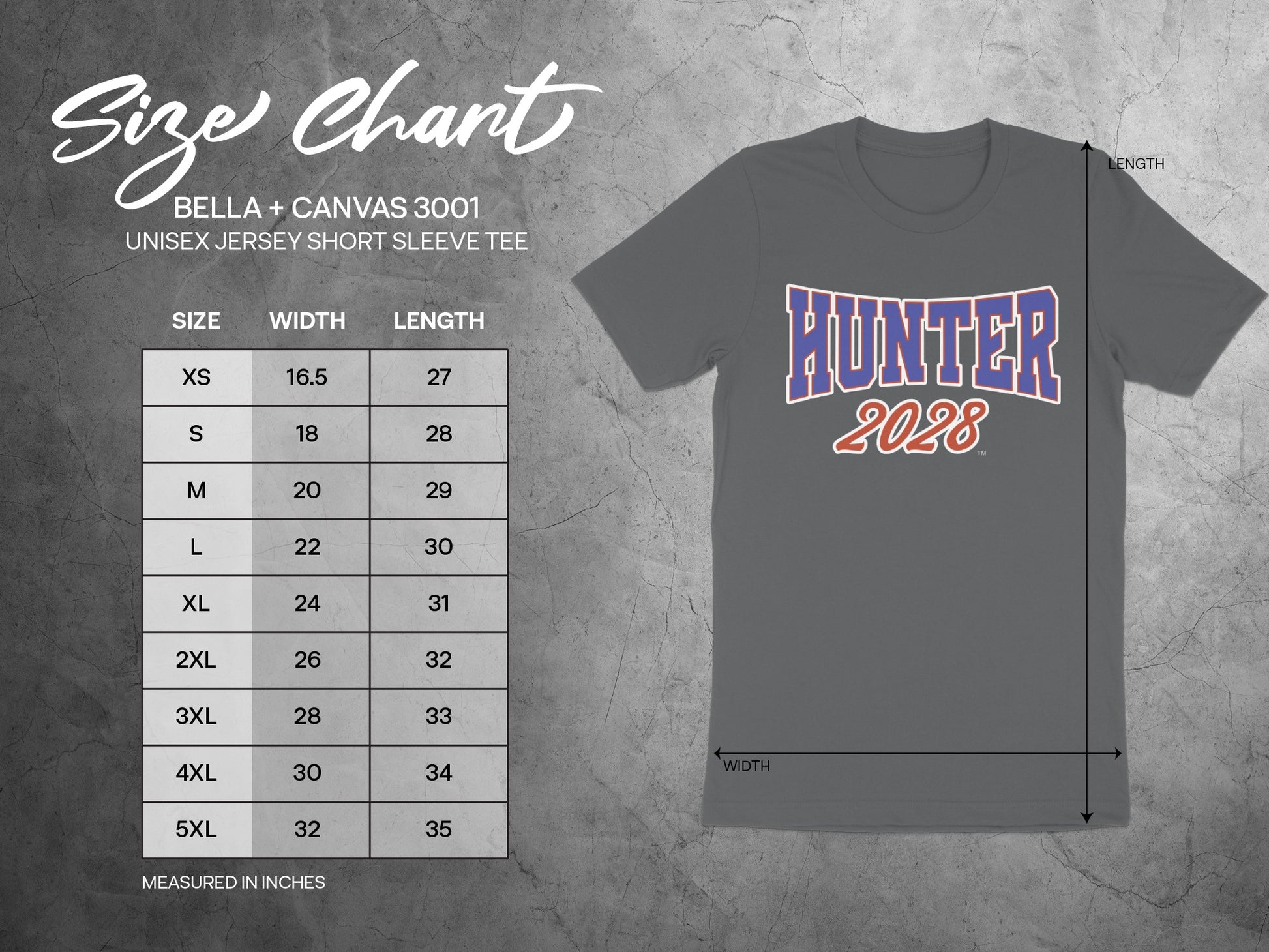 Size chart for Bella + Canvas 3001 unisex short sleeve tee, with measurements in inches.