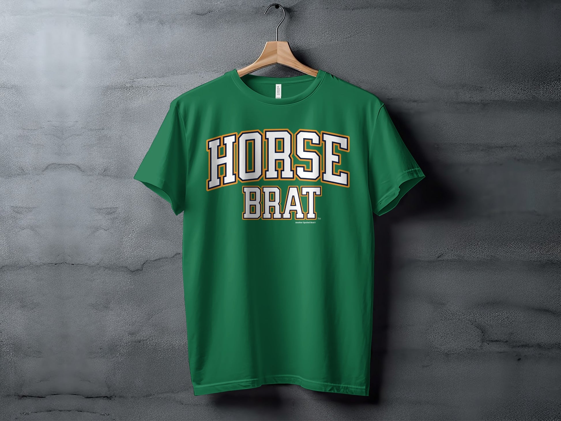 Green t-shirt with white and gold text "HORSE BRAT"